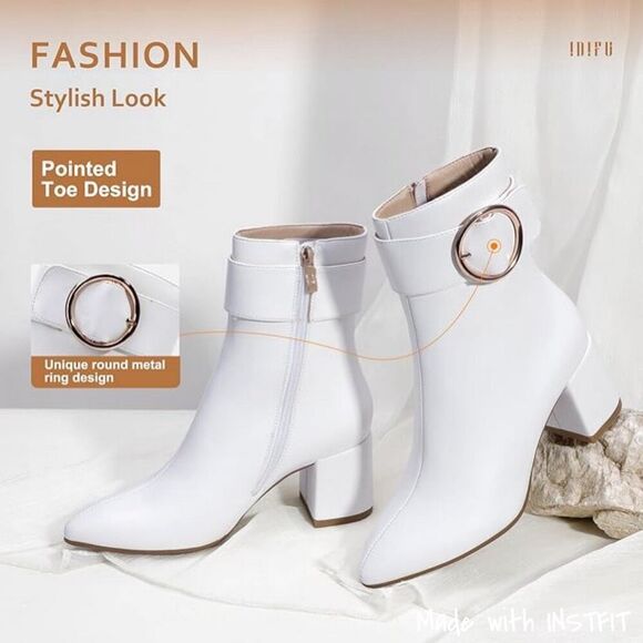 IDIFU Dressy Chunky Heel Ankle Boots Short Booties White 8 - Picture 3 of 9
